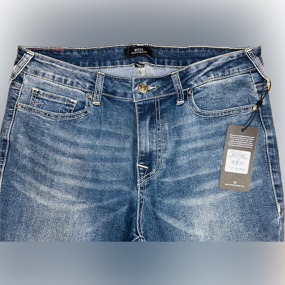 NWT True Religion SZ 32 Blue denim 5-pocket bootcut w/gold studs/waist 34”-38” - Picture 6 of 10